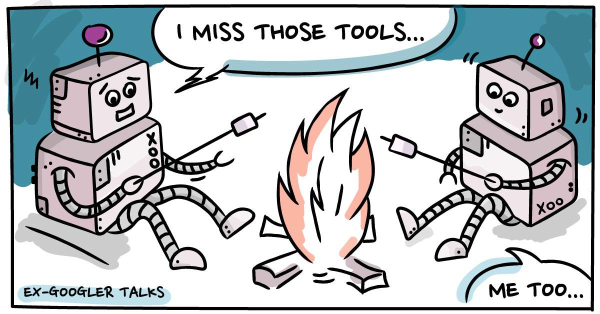 Two robots warm by a fire, one says 'I miss those tools'