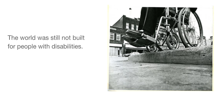 Presentation slide showing a wheelchair at a curb with a 5 inch drop. No curb cut present.