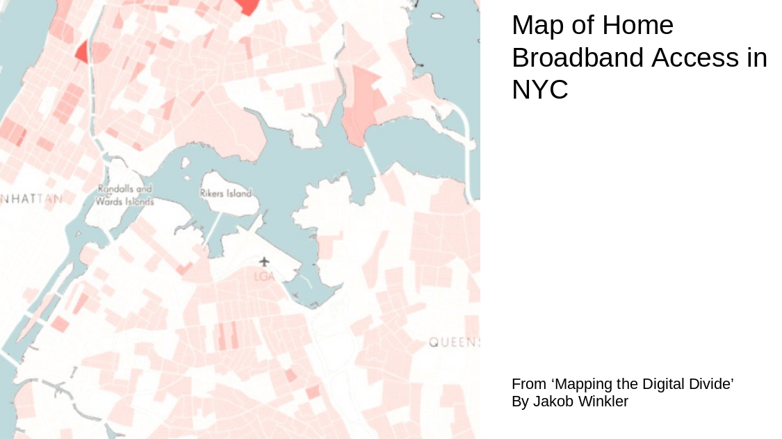 map of home internet connectivity in NYC, showing Harlem, the Bronx and Queens as underserved